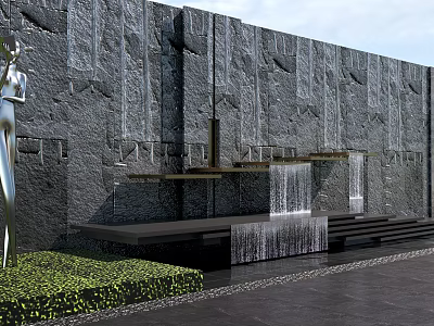 Stone Feature Wall With Waterfall Steps And Green Plants Design 3d model