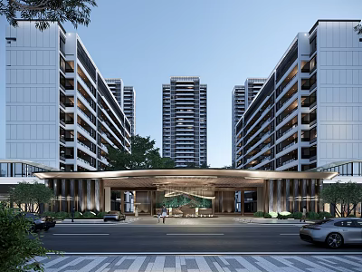 Modern High Rise Residential Entrance Gate Design With Trees And Street View 3d model