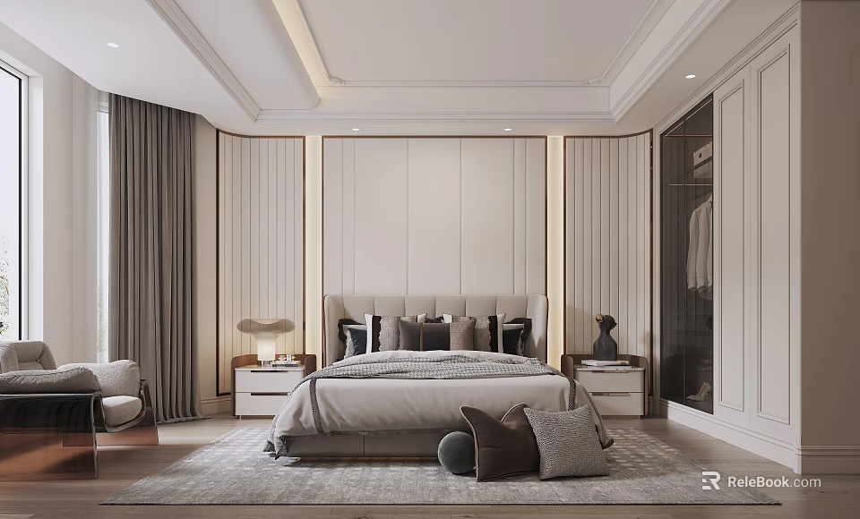 Modern Bedroom Interior Design With Upholstered Headboard Bedside Tables Lamps Area Rug And Decorative Pillows 3d model 
