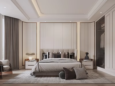 Modern Bedroom Interior Design With Upholstered Headboard Bedside Tables Lamps Area Rug And Decorative Pillows 3d model