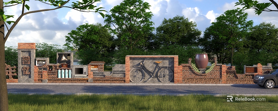 Rustic Exterior Hinged Door On Brick Wall With Bicycle Pattern Green Trees And Grass 3d model 