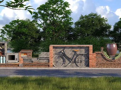 Rustic Exterior Hinged Door On Brick Wall With Bicycle Pattern Green Trees And Grass 3d model