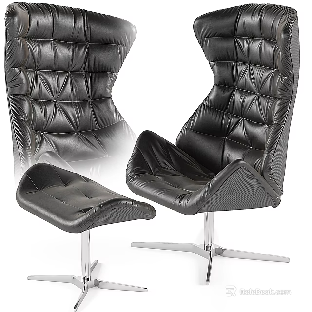 Black Leather Single Sofa With Diamond Stitched Design Matching Ottoman And Metal Base 3d model 