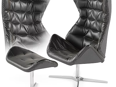 Black Leather Single Sofa With Diamond Stitched Design Matching Ottoman And Metal Base 3d model