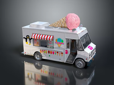 Stylish Ice Cream Truck With Large Pink Ice Cream Cone On Roof And Colorful Decorations 3d model