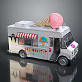 Stylish Ice Cream Truck With Large Pink Ice Cream Cone On Roof And Colorful Decorations