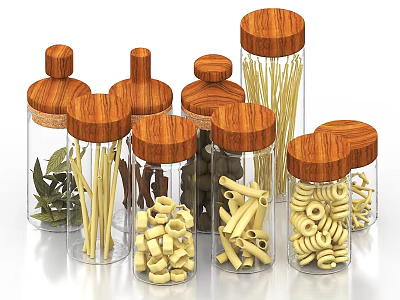 Clear Glass Spice Jars with Wooden Lids Holding Spices and Various Pasta Shapes 3d model