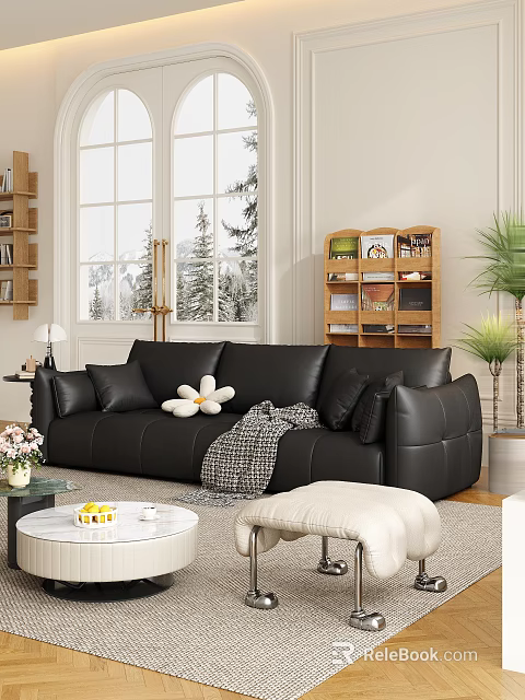 Black Sofa With White Round Coffee Table Pillows Blanket Beige Ottoman In Living Room 3d model 