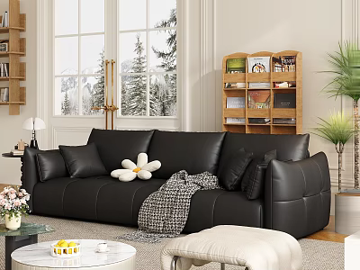 Black Sofa With White Round Coffee Table Pillows Blanket Beige Ottoman In Living Room 3d model