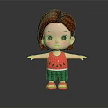 Cute Cartoon Girl Character In Watermelon Shirt Green Striped Shorts And Red Sandals 3D Render 3d model
