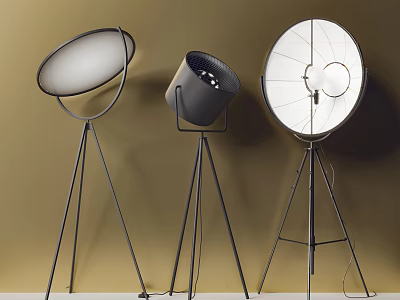 Modern Black Floor Lamps With Tripod Bases And Various Shade Designs On Beige Background 3d model