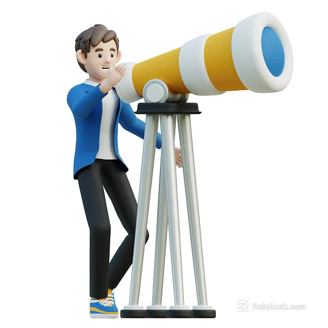 Man In Blue Jacket Looking Through Yellow And White Telescope On Tripod 3d model 