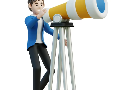 Man In Blue Jacket Looking Through Yellow And White Telescope On Tripod 3d model