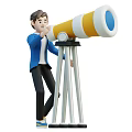 Man In Blue Jacket Looking Through Yellow And White Telescope On Tripod