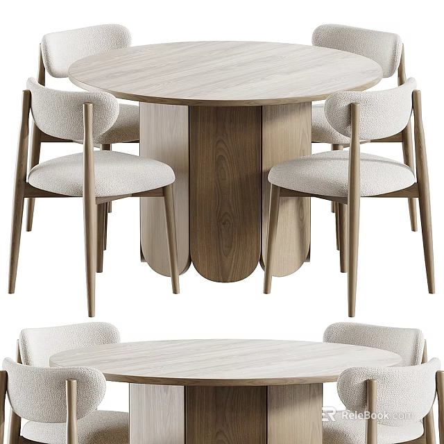 Modern Wooden Table And Chair Set With Round Table And Four Upholstered Chairs 3d model 