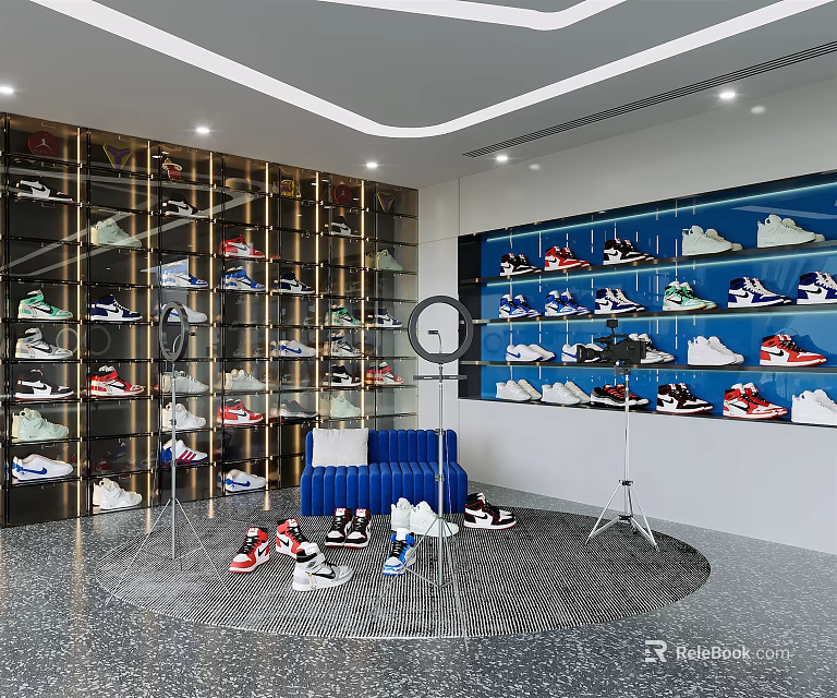 Modern Shoe Store Interior With Display Shelves Blue Sofa And Various Shoes 3d model 