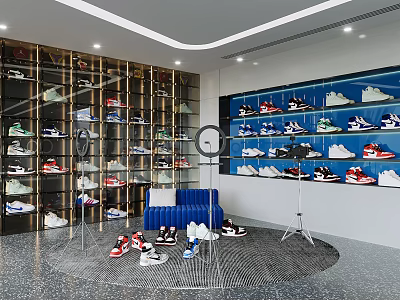 Modern Shoe Store Interior With Display Shelves Blue Sofa And Various Shoes 3d model