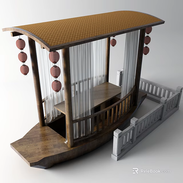 Traditional Wooden Boat with Red Lanterns White Curtains Wooden Canopy Deck Railings and Table 3d model 
