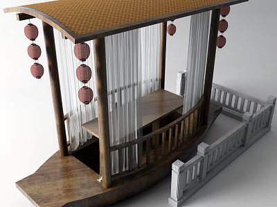 Traditional Wooden Boat with Red Lanterns White Curtains Wooden Canopy Deck Railings and Table 3d model