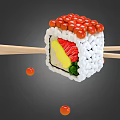 Delicious Sushi Roll Topped with Roe and Filled with Salmon Avocado Green Leaves with Chopsticks