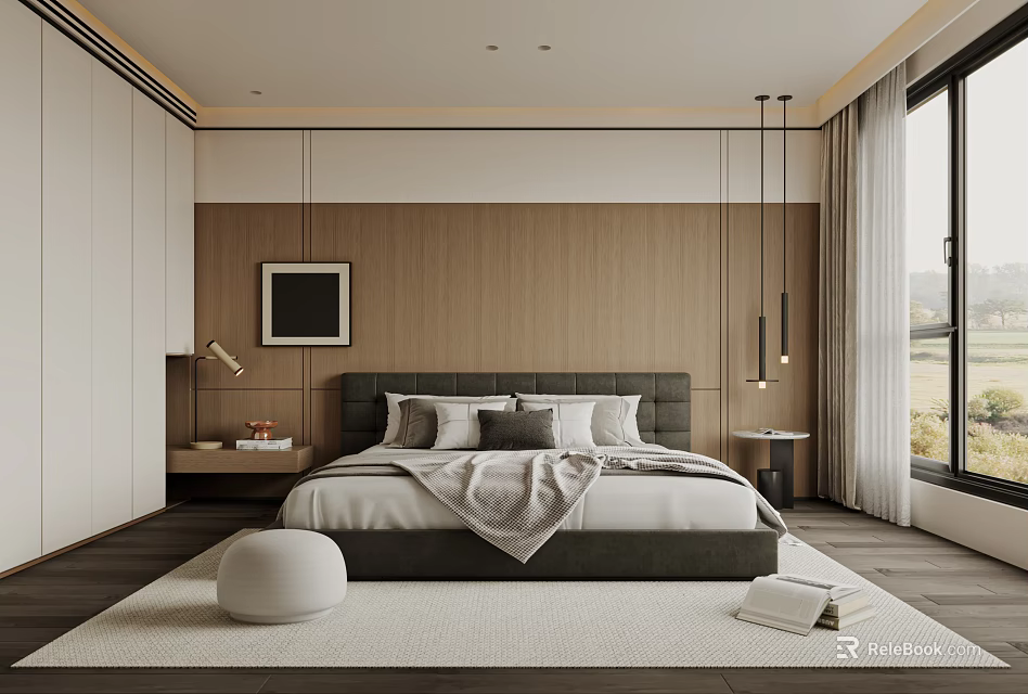 Modern Minimalist Bedroom Interior With Wooden Wall Panel Gray Headboard And Floor to Ceiling Window 3d model 