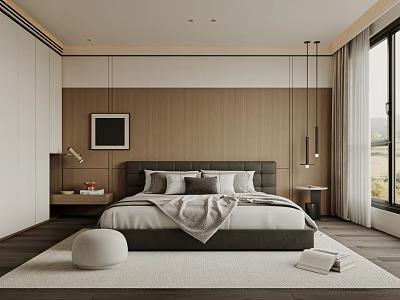 Modern Minimalist Bedroom Interior With Wooden Wall Panel Gray Headboard And Floor to Ceiling Window 3d model