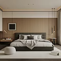 Modern Minimalist Bedroom Interior With Wooden Wall Panel Gray Headboard And Floor to Ceiling Window