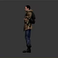 Male Character Wearing Brown Coat Blue Pants Brown Boots With Arms Outstretched Against Gray Background