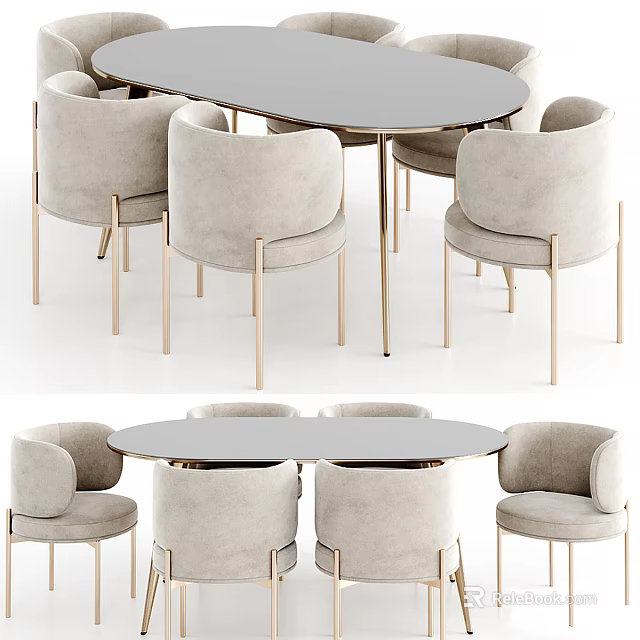 Elegant Round Dining Table Set With Beige Upholstered Chairs And Metal Legs 3d model