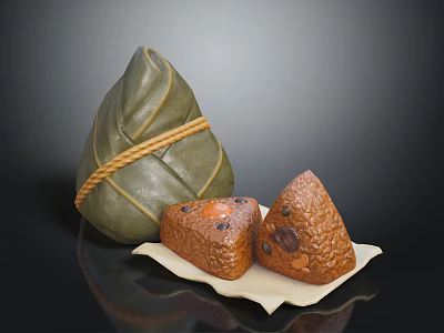 Triangular Bamboo Leaf Wrapped Twine Tied Zongzi And Glutinous Rice Dumplings On Paper 3d model