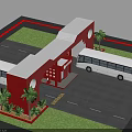Bus Stop Structure With Red Building White Buses Palm Trees And Green Grass