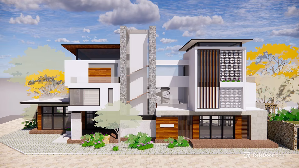 Modern Detached Villa Exterior Design With White And Wooden Facade Large Windows And Greenery 3d model 