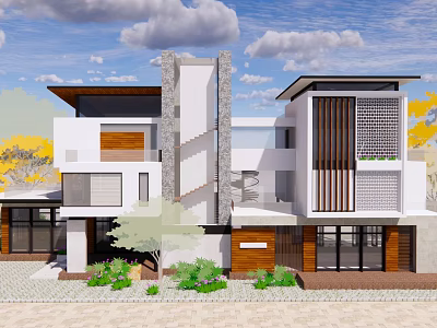 Modern Detached Villa Exterior Design With White And Wooden Facade Large Windows And Greenery 3d model