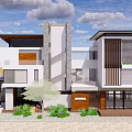 Modern Detached Villa Exterior Design With White And Wooden Facade Large Windows And Greenery