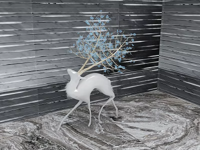 White Deer Figurine With Blue Flowers On Antlers In Silver Striped Corner With Marble Floor 3d model
