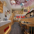 Japanese Restaurant Corridor With Green Walls Wooden Flooring Benches And Lantern Lights