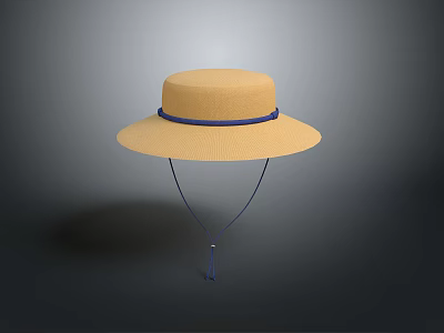 Yellow Straw Hat with Wide Brim and Blue Ribbon Tassel at the End 3d model