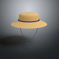 Yellow Straw Hat with Wide Brim and Blue Ribbon Tassel at the End