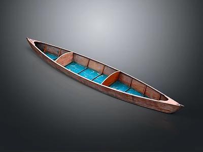 Wooden Boat With Blue Interior Seats And Slim Structure On Dark Background 3d model