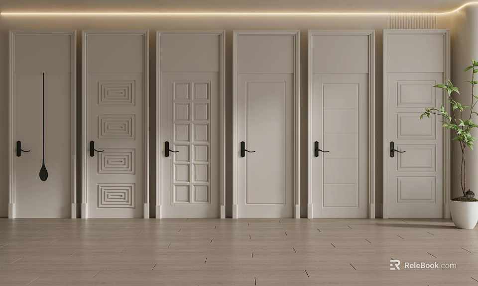 White Hinged Doors With Various Panel Designs In Modern Interior Setting 3d model