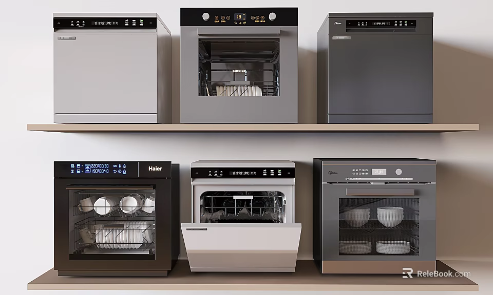 Various Kitchen Appliances Displayed On Shelves Featuring Different Models And Colors 3d model