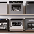 Various Kitchen Appliances Displayed On Shelves Featuring Different Models And Colors 3d model
