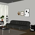 Modern Black Leather Tufted Sofa And Coffee Table With Wall Art And Plants