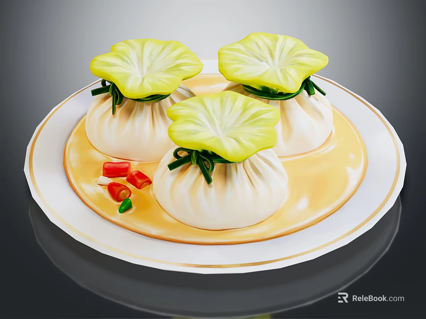 Steamed Buns With Green Leaf Topping On White Plate And Red Green Chilies Yellow Sauce 3d model 