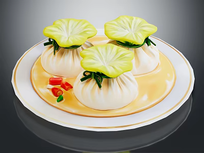 Steamed Buns With Green Leaf Topping On White Plate And Red Green Chilies Yellow Sauce 3d model