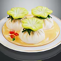Steamed Buns With Green Leaf Topping On White Plate And Red Green Chilies Yellow Sauce