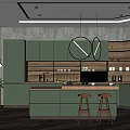 Elegant Modern Kitchen Interior Design With Green Cabinets Island Counter Stools And Open Shelves