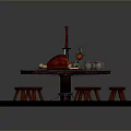 Round Wooden Dining Table With Roast Meat Cake And Red Stools On Stone Pavement