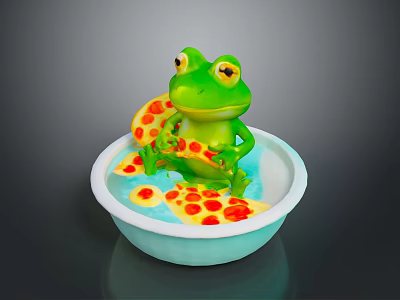 Green Reptile Figurine Sitting In Light Blue Bowl With Pizza Patterns Holding Slice 3d model