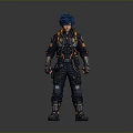 Futuristic Character With Blue Hair In Black And Orange Armored Suit Standing Pose